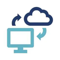 A computer monitor with arrows pointing to the cloud.