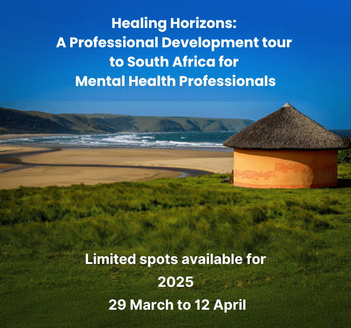 A poster with a picture of a house and the words " healing horizons : a professional development tour to south africa for mental health professionals ".